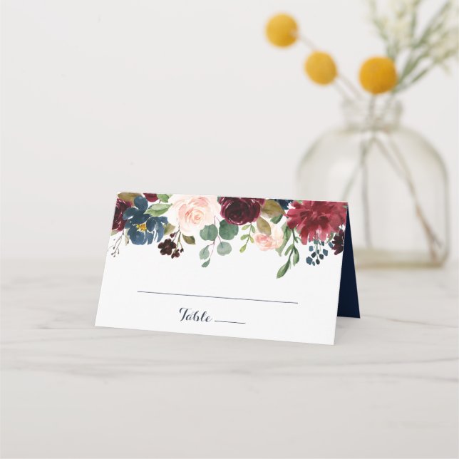 Carte De Placement Floral Burgundy Navy Blush Élégant Mariage (Devant)