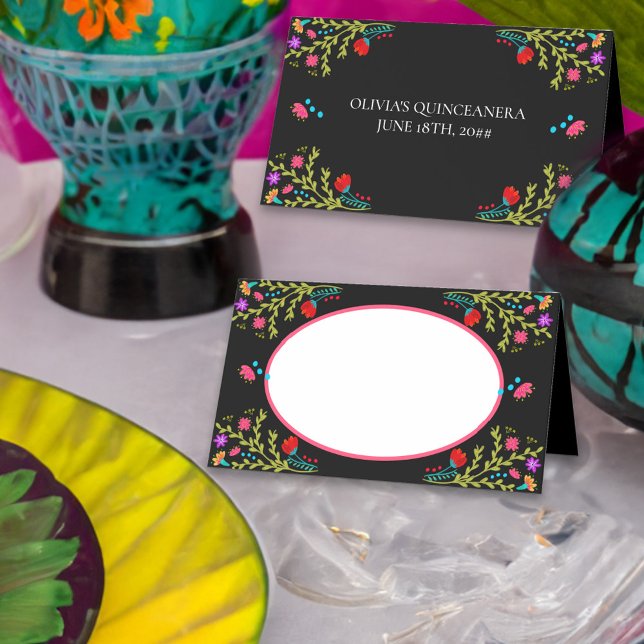 Carte De Placement Floral de Fiesta mexicaine avec cadre de nom (Place card with space for guest name, personalized on the back and colorful mexican fiesta flowers)