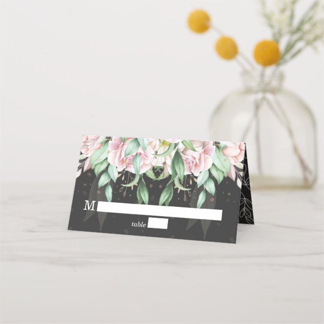 Carte De Placement Floral Mariage de luxe noir et rose (Devant)