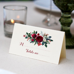 Carte De Placement Floral rouge bordeaux bouquet d'hiver invité maria