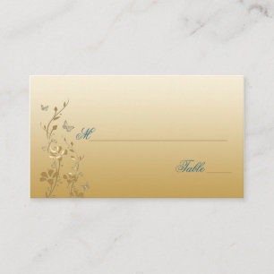 Carte De Placement Floral turquoise et or avec Papillons