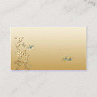 Carte De Placement Floral turquoise et or avec Papillons