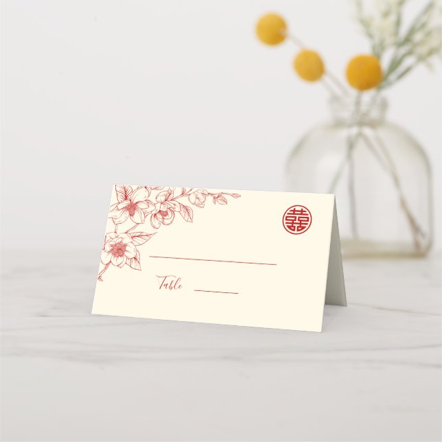 Carte De Placement Flore à la crème rouge | Mariage chinois (Devant)