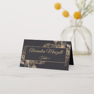Carte De Placement Gold Black Faux Metal Floral Design Mariage