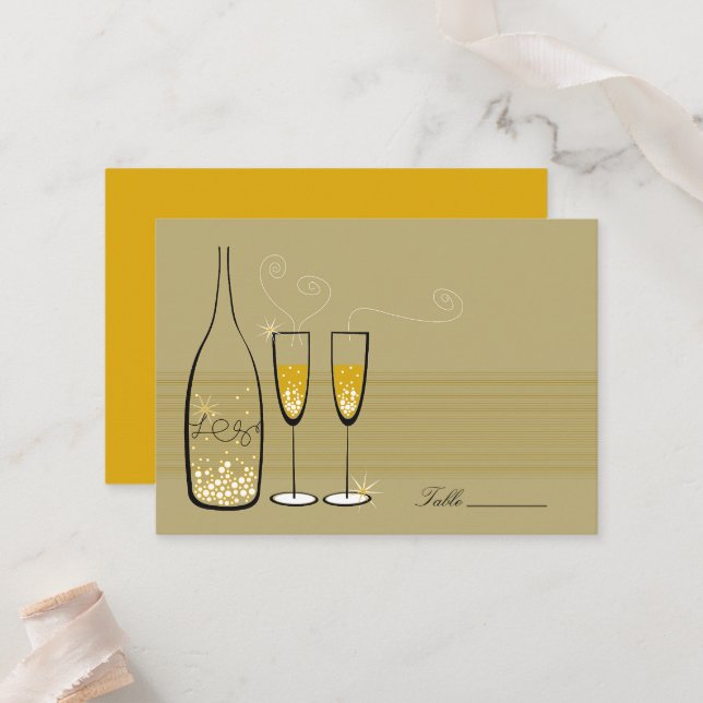 Carte De Placement Gold Champagne Bubbles Moderne Chic Mariage élégan (Devant/Arrière en situation)