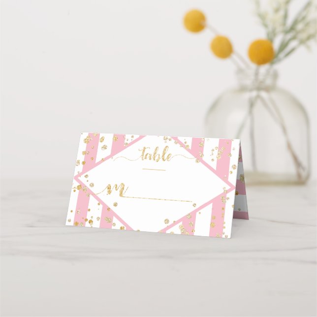 Carte De Placement Gold Confetti & Pink Stripes Numéro de tableau (Devant)