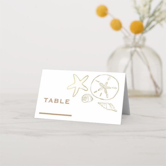 Carte De Placement Gold Foil Look Sea Shells Chic Beach Elegant Blanc (Devant)