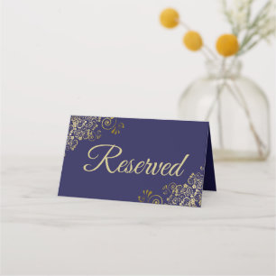 Carte De Placement Gold Frills on Navy Blue Elegant Wedding Reserved