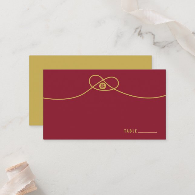 Carte De Placement Gold Knot Union Double Bonheur Mariage chinois (Devant/Arrière en situation)