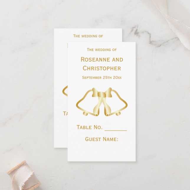 Carte De Placement Gold Mariage Place Set Bells Ribbon (Devant/Arrière en situation)