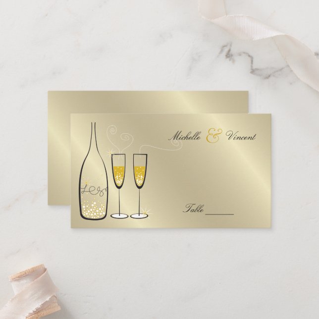 Carte De Placement Golden Bubbly Champagne Bubbles Chic Wedding Party (Devant/Arrière en situation)