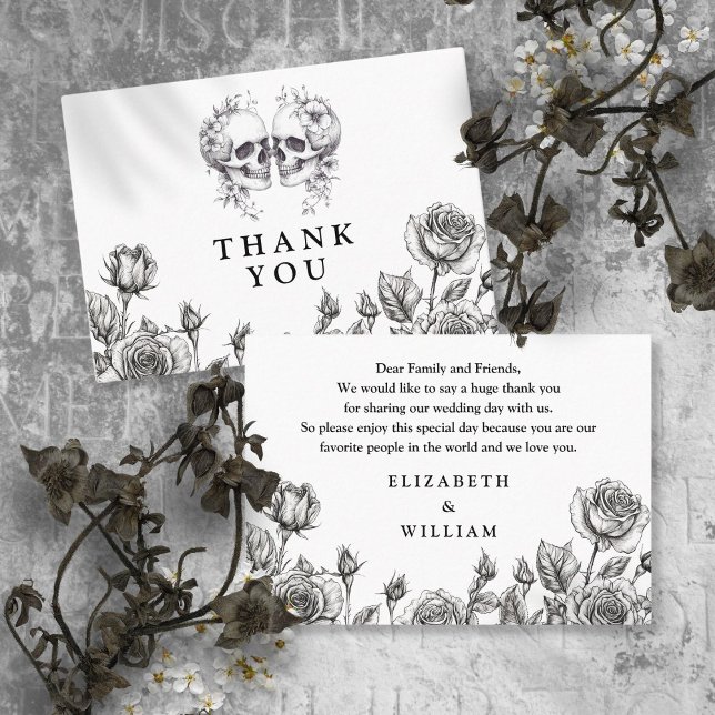 Carte De Placement Gothique Floral Skuls Mariage Merci (Gothic Floral Skulls Wedding Thank You Place Card)