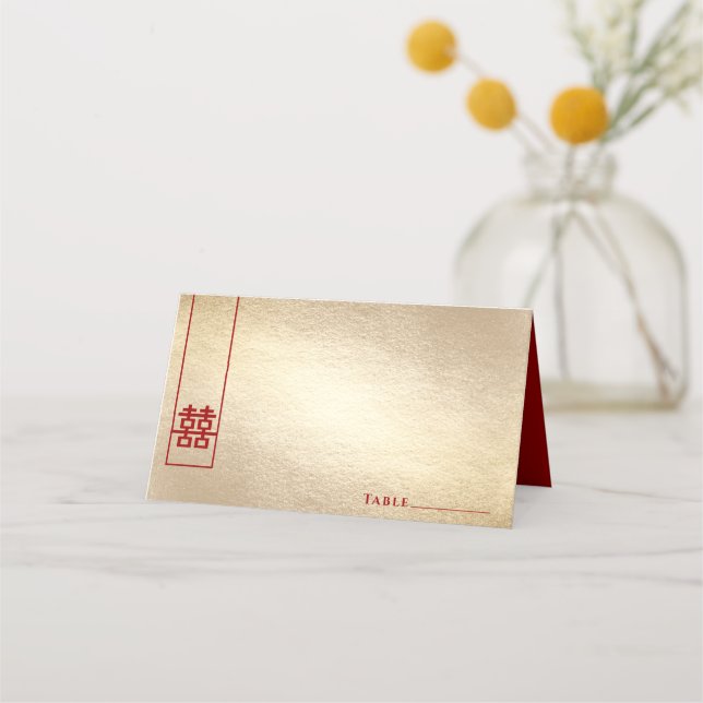 Carte De Placement Grand Rectangle Double Bonheur Or Mariage asiatiqu (Devant)