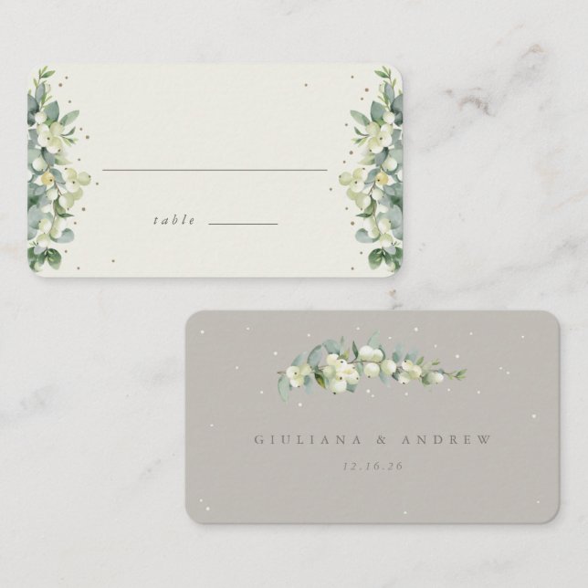 Carte De Placement Grige/Crème Snowberry+Eucalyptus Mariage plat (Devant / Derrière)