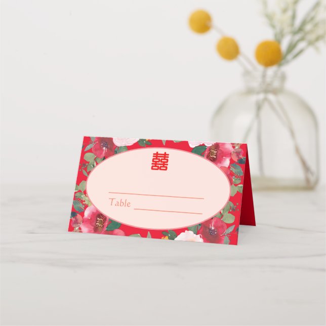 Carte De Placement Guirlande fleurie rouge Réception de mariage chino (Devant)