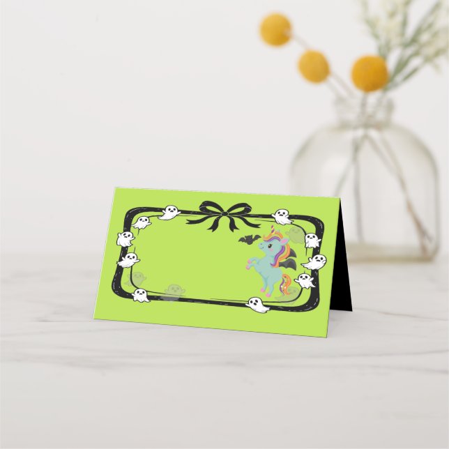 Carte De Placement Halloween Unicorn Greeting Bat Green Place Card (Devant)