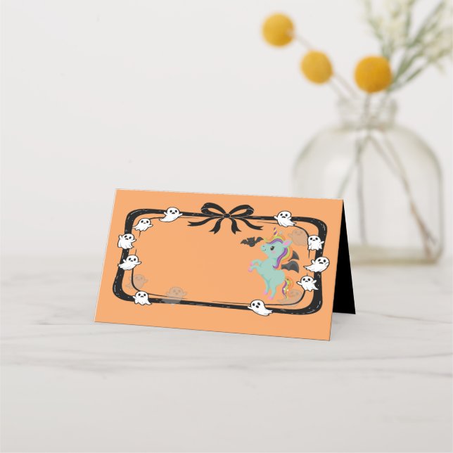 Carte De Placement Halloween Unicorn Greeting Bat Orange Place Card (Devant)