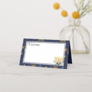 Carte De Placement Hanoukka Blue & Gold Menorah Motif Navy Blue