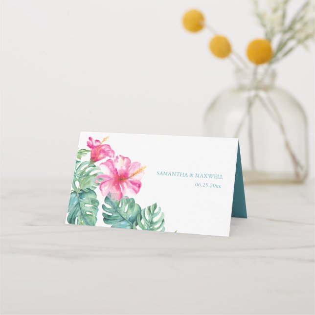 Carte De Placement Hibiscus tropicaux et aquarelle Mariage de verdure (Dos)