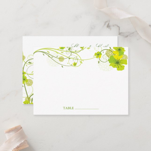 Carte De Placement Hibiscus vert Mariage floral et hirondelle (Devant/Arrière en situation)