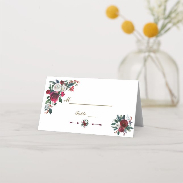 Carte De Placement Hiver Bourgogne Mariage de pin floral Numéro de ta (Devant)