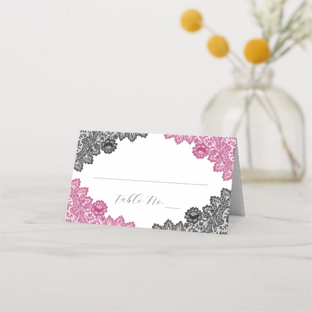 Carte De Placement Hot Pink and Black Floral Lace Wedding (Devant)