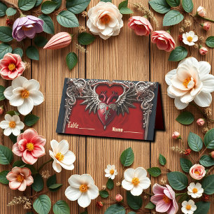 Carte De Placement Icône gothique romantique : coeur, rose, crâne.