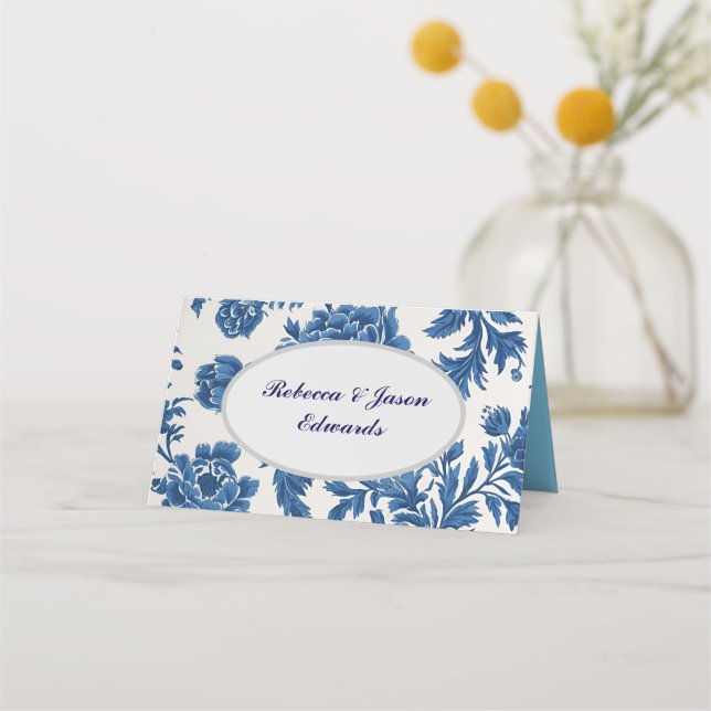 Carte De Placement Impression florale d'inspiration victorienne bleue (Devant)