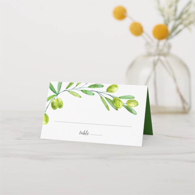 Carte De Placement Initiales de branche d'olivier à l'aquarelle verte (Devant)
