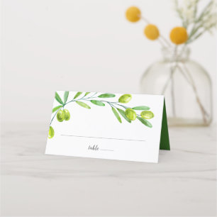 Carte De Placement Initiales de branche d'olivier à l'aquarelle verte