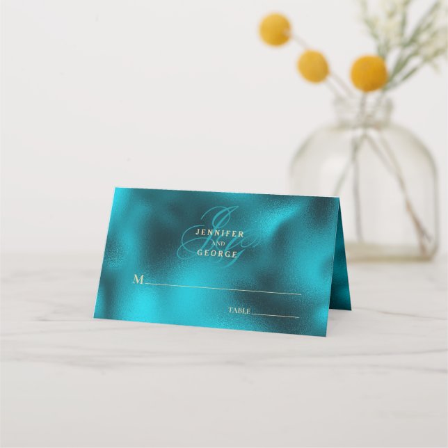 Carte De Placement Initiales de monogramme métallisé turquoise mariag (Devant)