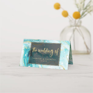 Carte De Placement Inky Splash Turquoise Marble or Mariage Numéro de
