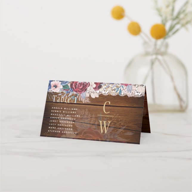Carte De Placement Intemporel Rustique Bleu Bourgogne Floral Mariage  (Devant)