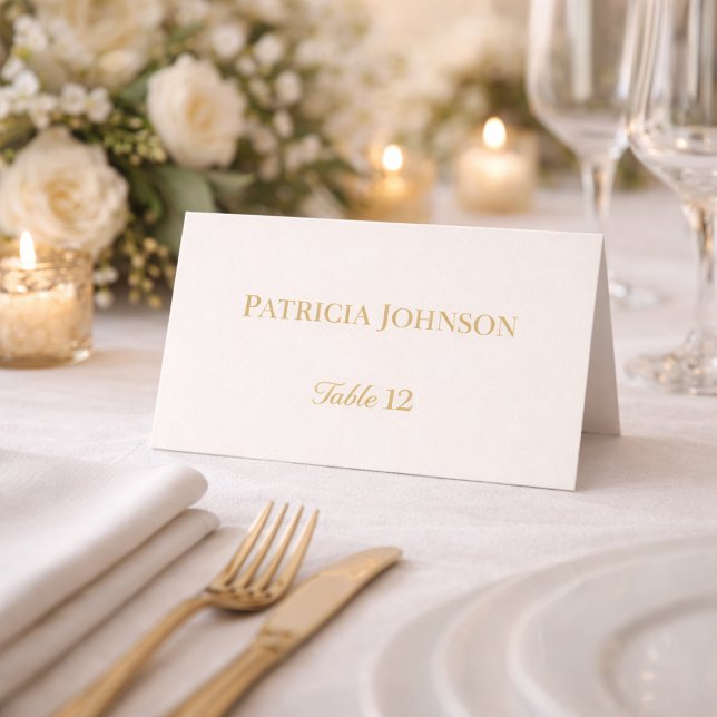 Carte De Placement Ivory and Gold 50th Anniversary Folded Place Card (Folded place card on elegant table with florals, candles, and cutlery)