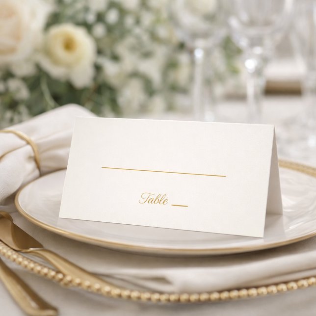 Carte De Placement Ivory and Gold Minimal 50th Anniversary Folded Pla (Elegant ivory and gold place card styled on a formal table setting)