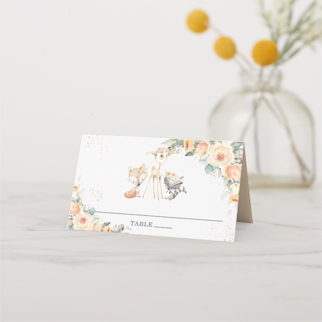 Carte De Placement Jaune Floral Bois Animaux Baby shower Party (Devant)