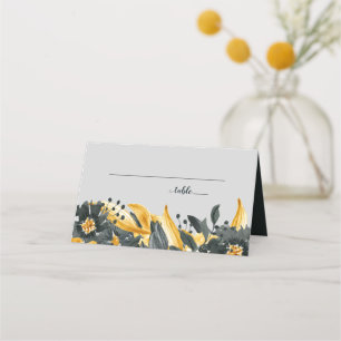 Carte De Placement Jaune + Gris Floral Élégant Mariage Aquarelle