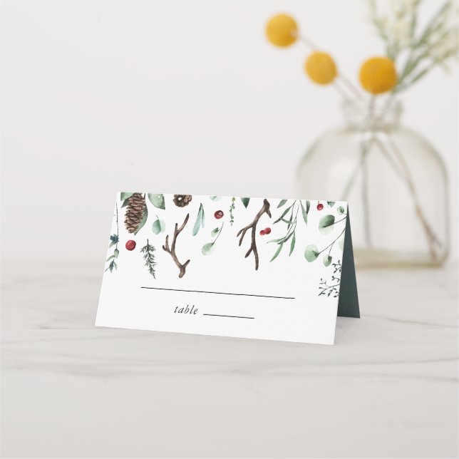 Carte De Placement Joie de Noël | Elégante aquarelle Mariage d'hiver (Devant)