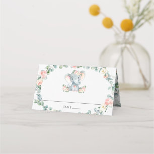Carte De Placement Joli Baby shower de verdure fleurie rose Eléphant