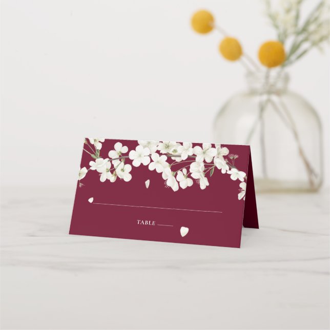 Carte De Placement Joli Mariage floral à fleurs blanches bordeaux (Devant)