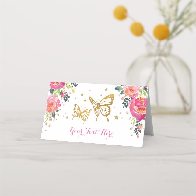 Carte De Placement Jolie papillon aquarelle floral rose or (Devant)