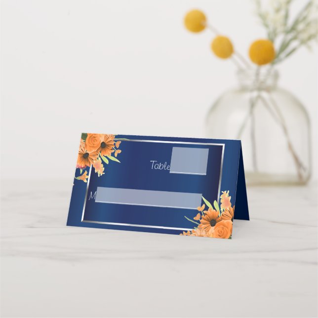 Carte De Placement Jolies fleurs orange sur bleu marine (Devant)