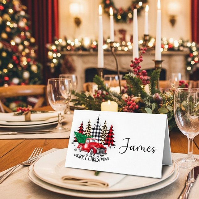 Carte De Placement Joyeux camion rouge Noël et arbres (Créateur téléchargé)