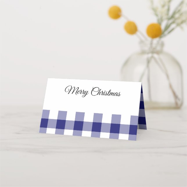 Carte De Placement Joyeux Noël à carreaux bleus rustiques  (Devant)