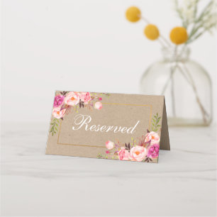 Carte De Placement Kraft Aquarelle rose Floral Or Mariage Réservé