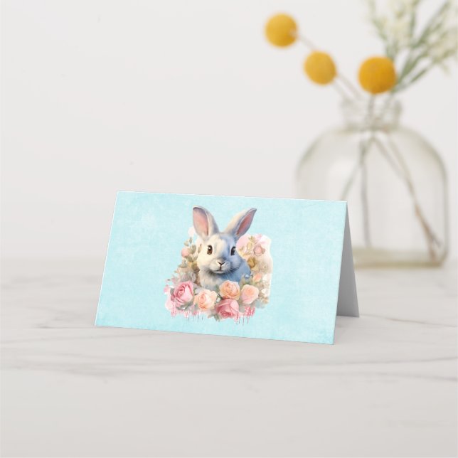Carte De Placement Lapin avec une guirlande de roses Mignon (Devant)