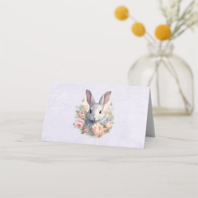 Carte De Placement Lapin entouré de fleurs pastel mignon (Devant)