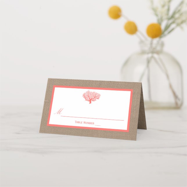 Carte De Placement Le Corail Sur Burlap Boho Beach Wedding Collection (Devant)