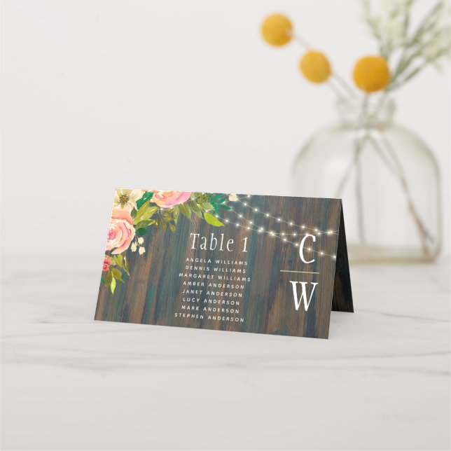 Carte De Placement LeahG Pêche Rustique Mariage Floral de corail (Devant)