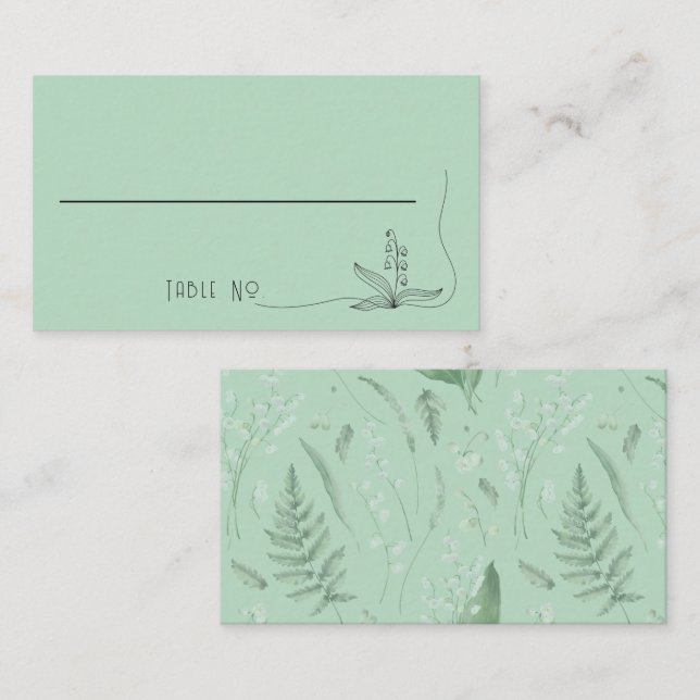 Carte De Placement Lily de Vallée avec des fougères || Vert doux (Devant / Derrière)
